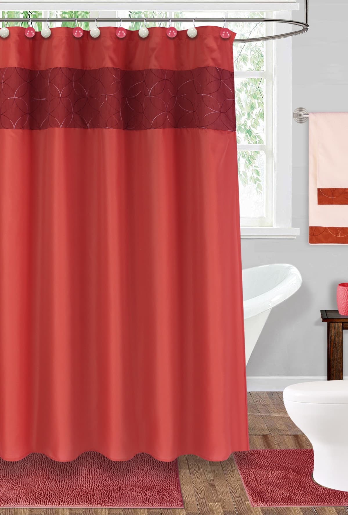 Fabric Embroidered Shower Curtain - Red - Standard