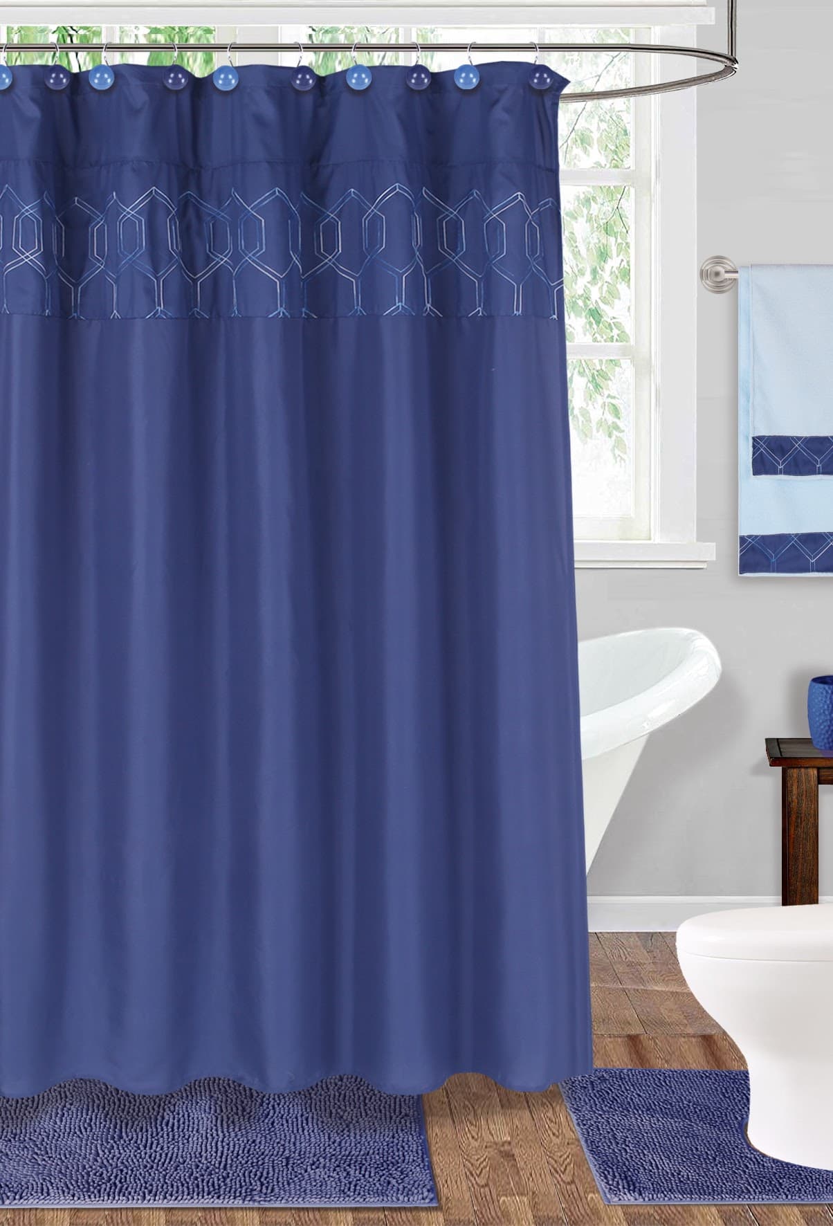 Fabric Embroidered Shower Curtain - Navy - Standard