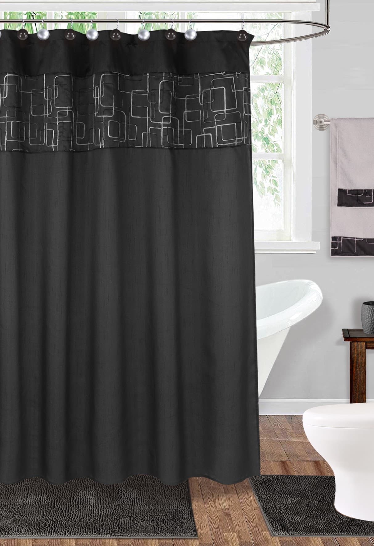 Fabric Embroidered Shower Curtain - Black - Standard