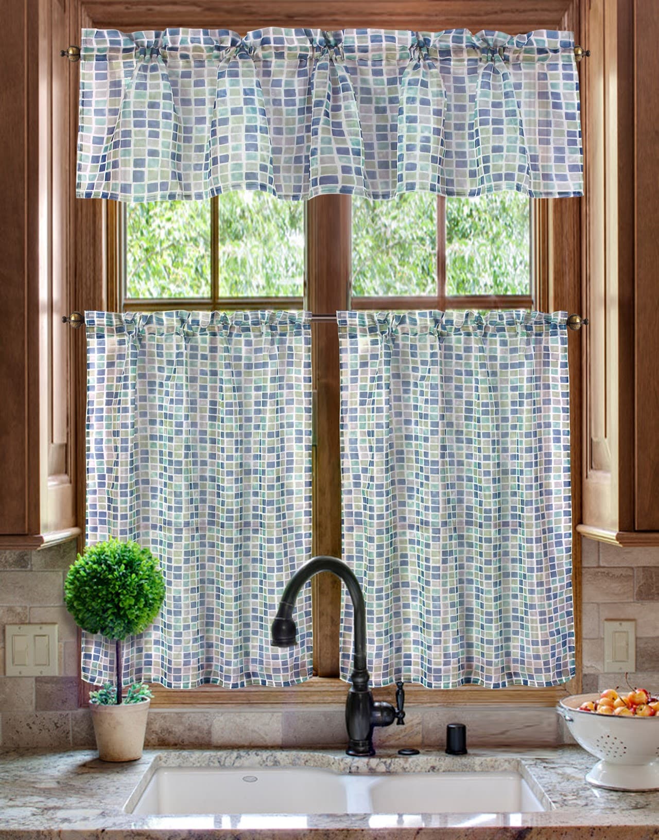Fabric Printed TILES Kitchen Curtain - Blue Green - Standard